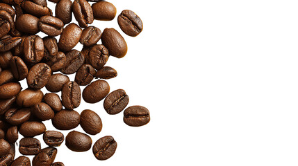 Naklejka premium Coffee beans on a white isolated background with rich brown tones and textures, ideal for food typography.
