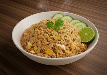 Delicious Steaming Fried Rice with Egg, Garnish and Lime