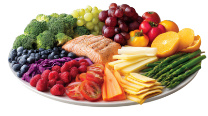 Colorful platter of fresh fruits, vegetables, and salmon arranged beautifully for a healthy meal.
