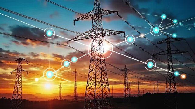 Smart grids optimize energy distribution with advanced technology at sunset, Smart grids manage energy distribution efficiently and reduce waste Energy system concept