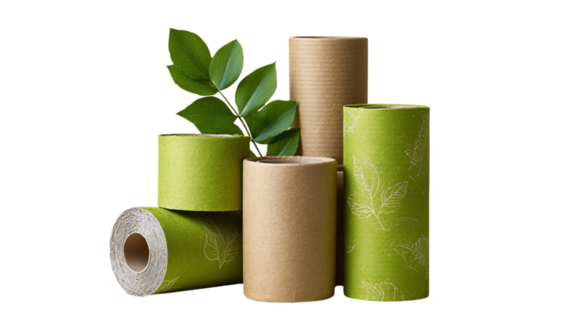 Colorful rolls of eco-friendly paper stacked together with a green leaf, perfect for sustainable projects.