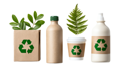 Eco-friendly packaging options showcasing sustainable materials and green practices with leaves on a white isolated background.