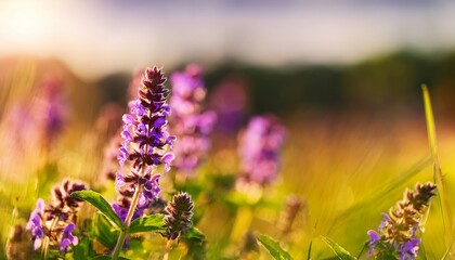 meadow flower prunella vulgaris growing on sunny summer meadow close up
