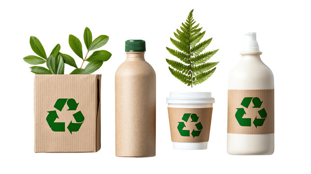 Eco-friendly packaging options showcasing sustainable materials and green practices with leaves on a white isolated background.