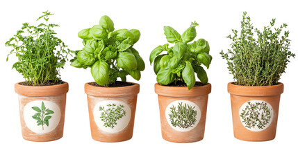 Fototapeta premium Four herb pots featuring basil, thyme, and other herbs on a white isolated background.