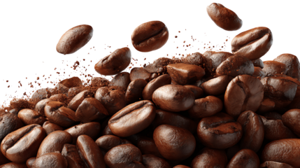 Fresh, roasted coffee beans flying above a pile of ground coffee, isolated on a clean white background.