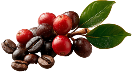Fresh coffee beans and cherries on a white isolated background.