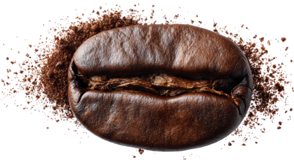 Fresh coffee bean on ground coffee, isolated on white background.