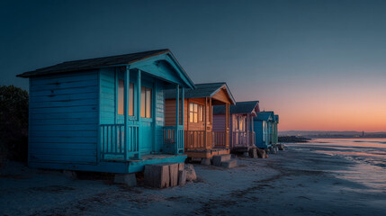 Naklejka premium Row of colorful beach huts on a sandy beach at dusk with a vibrant sunset sky in the background