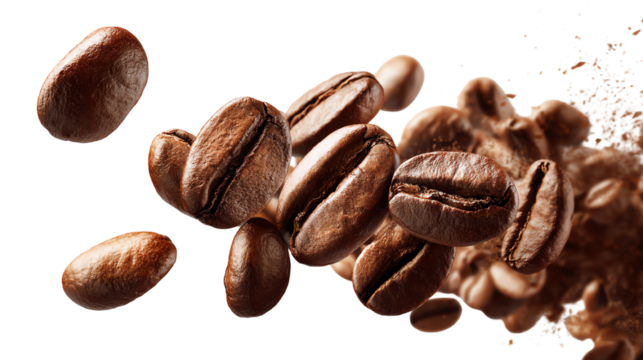 Fresh coffee beans in motion, capturing the essence of aroma and flavor, isolated on a white background.