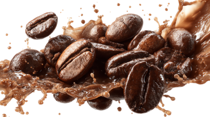 Fresh roasted coffee beans splash in liquid, creating an energizing and aromatic visual delight, perfect for coffee lovers.