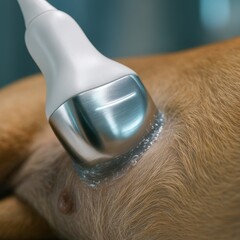Obraz premium Veterinary ultrasound exam. A close-up of a veterinarian performing an ultrasound on a dog's abdomen.