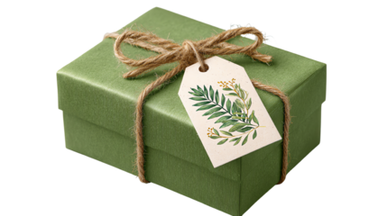 Gift box with green wrapping and a decorative tag, styled for a natural and eco-friendly presentation.