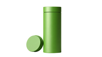 Green thermos with a lid on isolated background, perfect for hot or cold beverages.