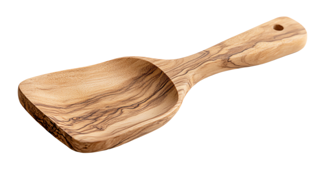 Handcrafted wooden scoop, perfect for serving and measuring food items. Unique design enhances any kitchen decor.