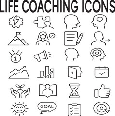 Fototapeta premium Life Coaching Line Icons | Minimal Black Vector Set for Growth & Mindset