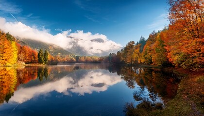 beautiful lake with reflection of clouds in autumn
