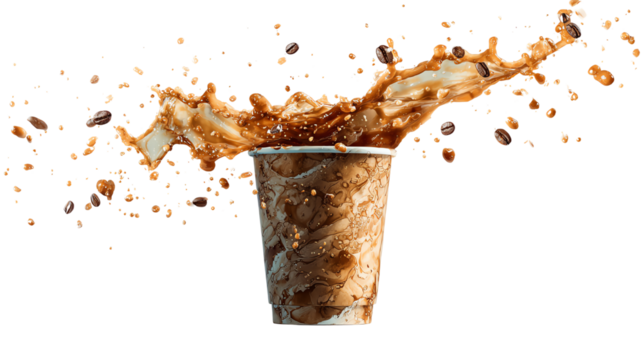 Splashing cold coffee from a cup, capturing the dynamic movement and refreshing nature of the beverage.