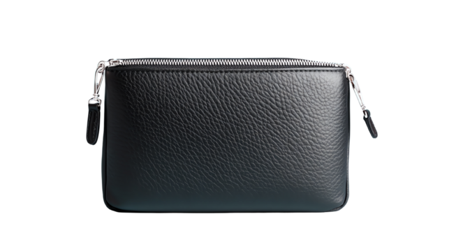 Stylish black leather pouch with zip closure, ideal for organizing essentials on the go, white isolate background.