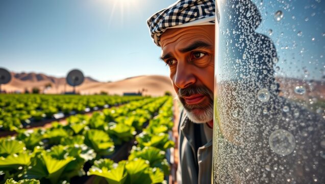 Man inspecting crops. A middle eastern man in a keffiyeh inspects plants in an advanced agricultural setting.