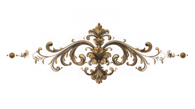 Baroque decorative element in gold isolated on transparent background