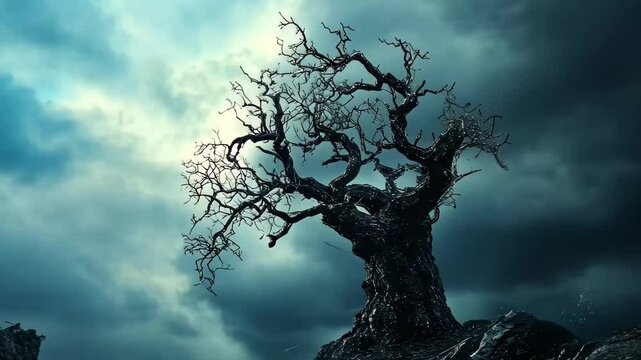 Dark tree stands against stormy apocalyptic sky with ominous clouds and rocky terrain, Dark Tree Against Stormy Apocalyptic Sky