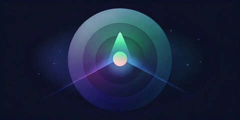 A vibrant abstract geometric circle with radiating lines and glowing center on a dark starry background.