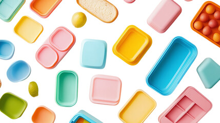 • A flat-lay of colorful, modular food containers, isolated on white background in HD 
