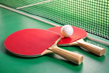 Two red paddles with a white ball on the net