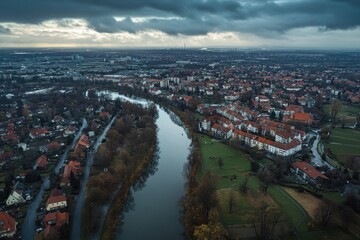 Fototapeta premium Exploring the picturesque landscape of Neckarweihingen, Germany before Christmas celebrations, Aerial view of Neckarweihingen, germany before Christmas on a cloudy afternoon in December