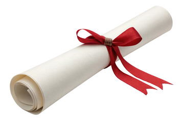 Rolled diploma certificate with red ribbon and bow isolated on transparent background