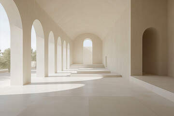 Fototapeta premium Minimalist Religious Cloister Interior With Arched Openings, Stepped Seating And Garden View