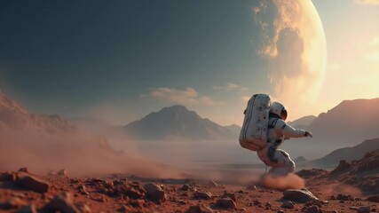 Astronaut Jumping on Mars Surface with Large Moon - Powered by Adobe