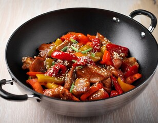 traditional asian sweet and sour pork with paprika and sesame prepared in a wok