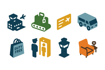 Airport travel icons: flat design symbols for modern transport and travel needs