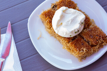 Turkish Maras ice cream and kadayıf dessert in close-up