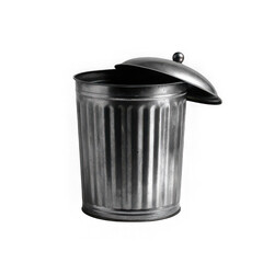 Metal trash can with lid open isolated on transparent background