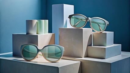 Stylish Designer Sunglasses Displayed on Modern Geometric Pedestals High Fashion Eyewear with Green Tinted Lenses