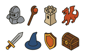 Medieval icons set: knight helmet, dragon, castle, sword, and more in flat design