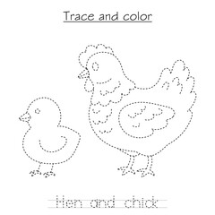 Trace and color worksheet with hen and chick, perfect for preschool fine motor skill practice.
