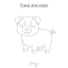 Trace and color pig worksheet for preschoolers to develop fine motor and early drawing skills.