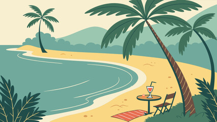 Fototapeta premium Tropical beach vacation scene with palm trees ocean and cocktail summer holiday travel destination illustration