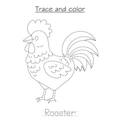 Trace and color rooster worksheet for kids to improve fine motor skills and learn about farm animals.