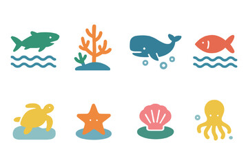 Colorful marine life icons: whimsical ocean animals and coral elements