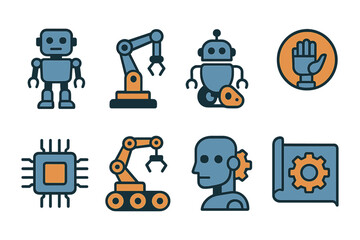 Futuristic technology icon set featuring robots and automated machinery in flat design