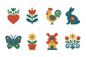 Charming folk art elements: heart, flowers, rooster, rabbit, butterfly, and windmill