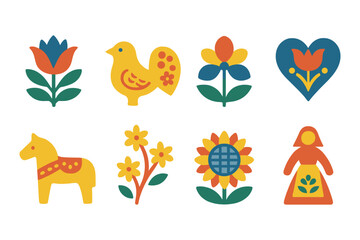 Colorful scandinavian folk art icons: traditional floral and animal symbols
