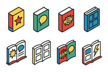 Isometric comic books with speech bubbles and action elements