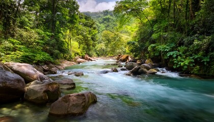 Obraz premium lush greenery surrounds a clear river as it gracefully flows over rocks the vibrant colors and calm atmosphere create a peaceful escape in nature