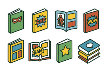 Isometric comic book collection with speech bubbles and heroic elements